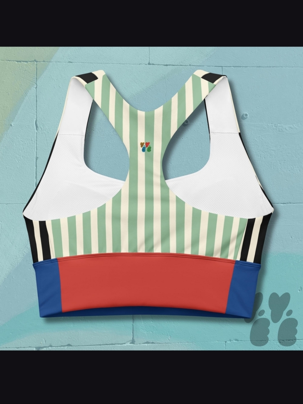 Yeye Designer Sports Bra Carnival Striped Black, White, Blue & Red 40UPF - Small